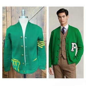 VINTAGE 50/60s Octonek Green & Yellow Letterman’s Jacket 100% Wool Golf Men’s L